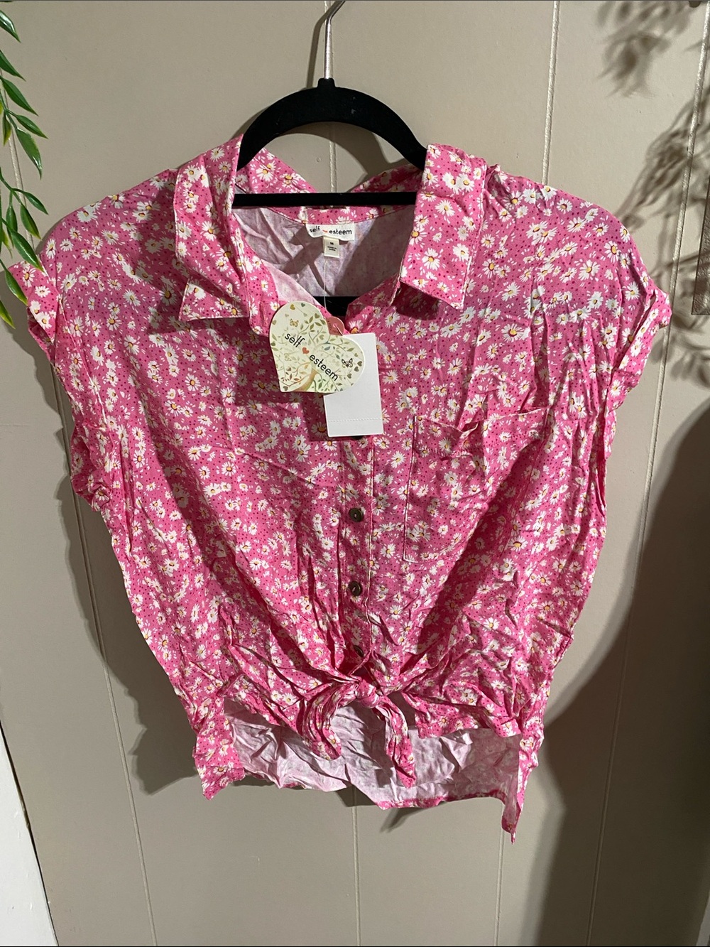 Self Esteem Pink Floral Tie-Front Button Down Top